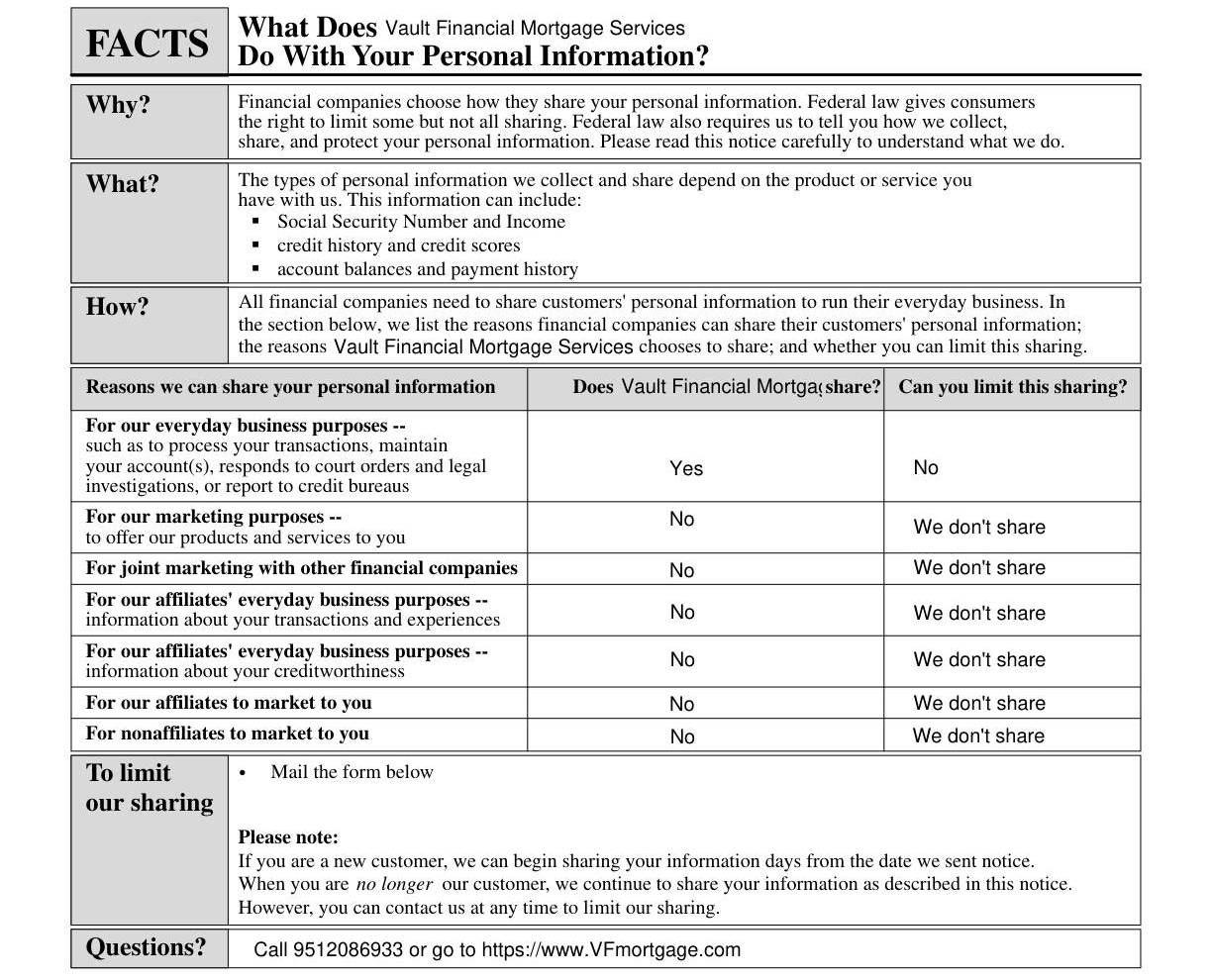 Vault Financial Mortgage Services Privacy Notice - Page 1