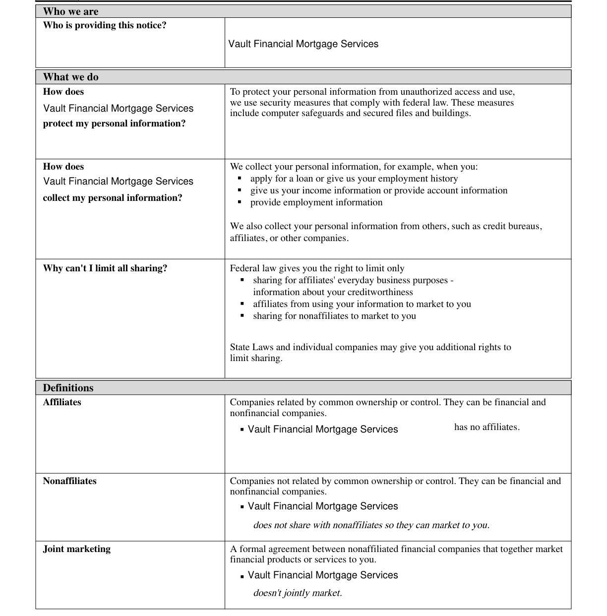 Vault Financial Mortgage Services Privacy Notice - Page 2
